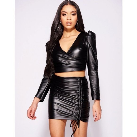 Dresses & Skirts - Black Faux Leather Long Sleeve V-Neck Crop Top and Mini Skirt Two Piece Set